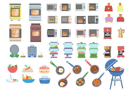 Kitchen equipment, tools and food set for home or restaurant Flat vector illustrationのイラスト素材