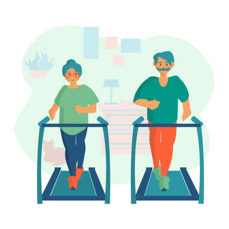 Senior couple on treadmill Workout at home Cartoon illustrationのイラスト素材