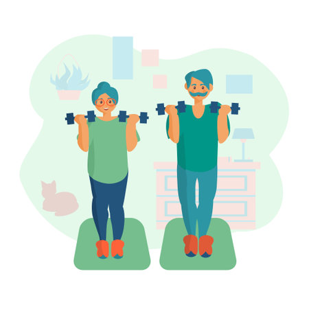 Senior couple doing exercises with dumbbells Workout at home Cartoon illustrationのイラスト素材