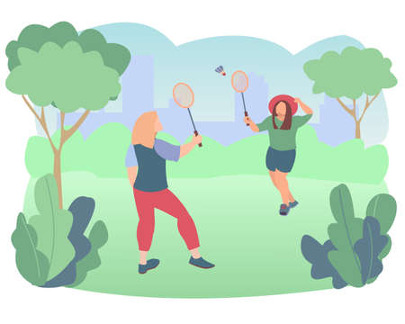 Two young woman play badminton in park Outdoor sport activity Vector illustrationのイラスト素材