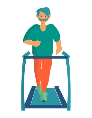 Eldery man doing exercises on treadmill Workout at home Cartoon illustrationのイラスト素材