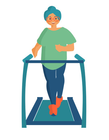 Eldery woman doing exercises on treadmill Workout at home Cartoon illustrationのイラスト素材