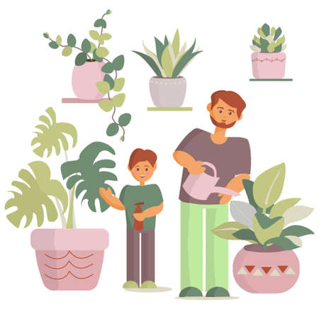Father and son watering houseplants Vector cartoon illustrationのイラスト素材