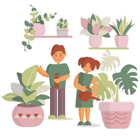 Children sister and brother watering houseplants Vector cartoon illustrationのイラスト素材