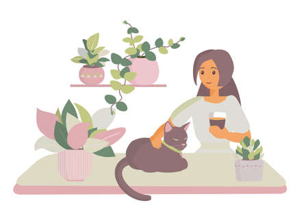 Young girl drink coffee in room with house plants and her cat Cartoon illustrationのイラスト素材