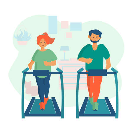 Smart man and woman on treadmill Workout at home Cartoon illustrationのイラスト素材