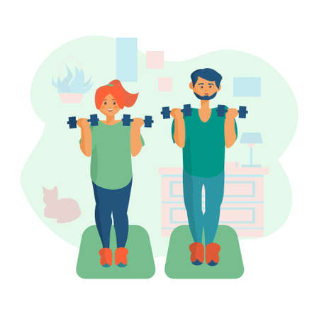Smart man and woman doing exercises with dumbbells Workout at home Cartoon illustrationのイラスト素材