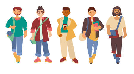 Boys of different ethnicity in casual wear Man diverse group African, Chinese, Arab, European Flat vector illustrationのイラスト素材