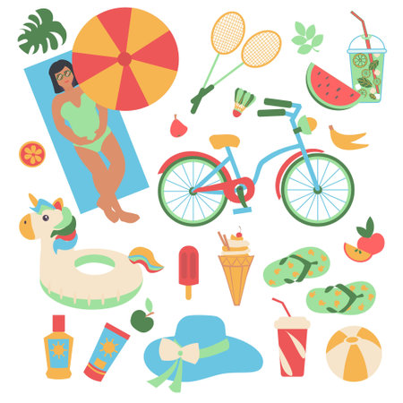 Set of summer items isolated on white background Beach accessories Flat vector illustrationのイラスト素材