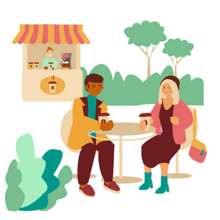 Interracial Young couple drink coffee in cafe in park Coffee kiosk Flat vector illustrationのイラスト素材