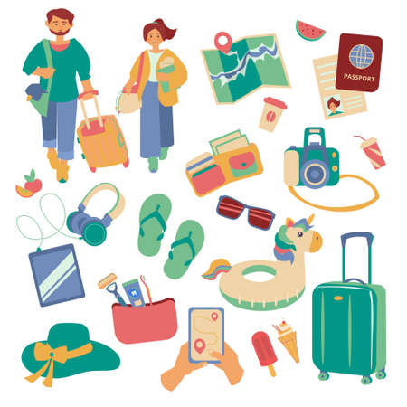 Set of travel vacation items isolated on white background Flat vector illustrationのイラスト素材
