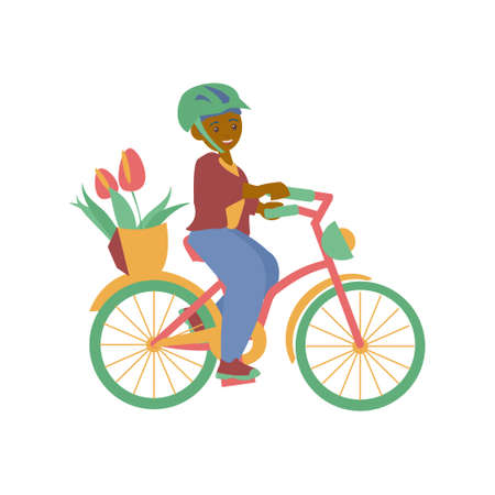 African american boy on bike with basket of flowers Vector flat isolated illustrationのイラスト素材