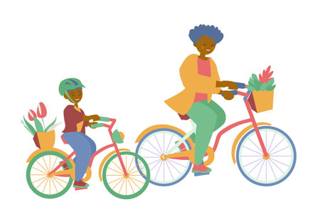 Mother and son riding bicycles with basket of flowers African american woman and boy Mother day card Vector flat isolated illustrationのイラスト素材