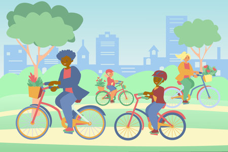 Mother, son and daughter riding bicycles with basket of flowers in park African american woman and boy Vector flat concept illustrationのイラスト素材