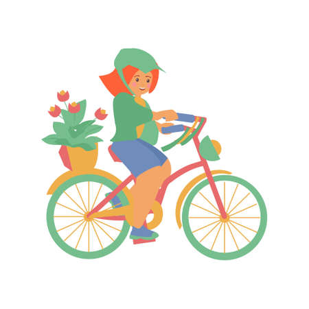 Girl on bike with basket of flowers Vector flat isolated illustrationのイラスト素材