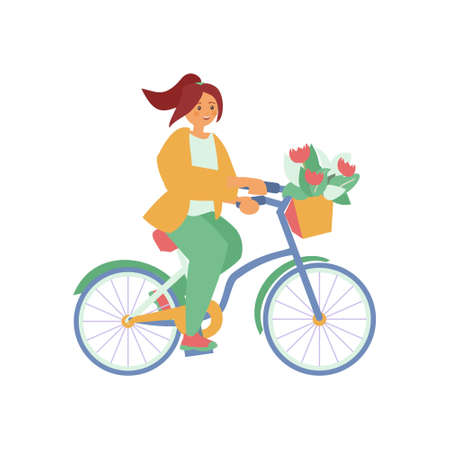 Young woman on bike with basket of flowers Vector flat isolated illustrationのイラスト素材