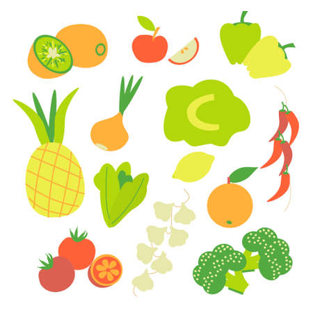 Vitamine C source Set of vegetables and fruits icons Flat illustrationのイラスト素材