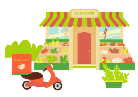 Store fasade of farm market Kiosk of fresh veggies Moped stand near the shop Flat illustrationのイラスト素材