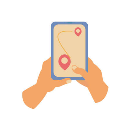 Hands hold phone with map on screen Flat vector illustration on white backgroundのイラスト素材