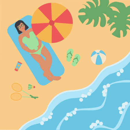Young woman lying on beach an d sunbathing Summer itms are near Flat illustrationのイラスト素材