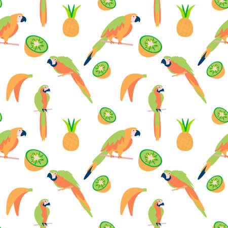 Seamless pattern with parrot, pineapple and kiwi on white background Flat vector illustrationのイラスト素材