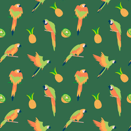 Seamless pattern with parrot, pineapple and kiwi on deep green background Flat vector illustrationのイラスト素材