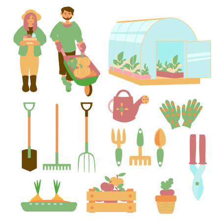 Set of flat icons of garden tools Gardener, plants and greenhouse Vector flat isolated illustrationのイラスト素材