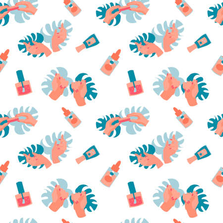 Seamless pattern with manicure tools hands and monstera leaves Flat vector illustrationのイラスト素材