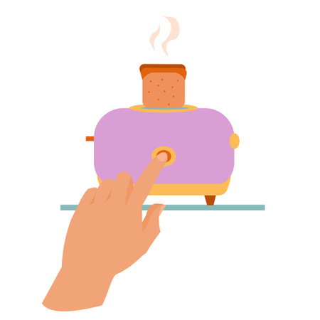 Hand presses butten of purple toaster Flat vector illustrationのイラスト素材