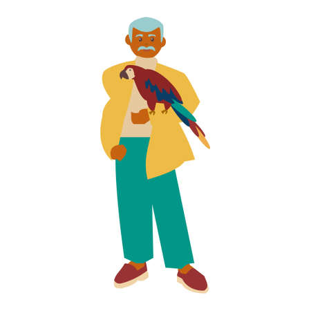 Eldery african american man with parrot Happy pet owner with domestic bird Vector flat illustration on white backgroundのイラスト素材