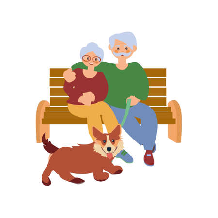 Senior couple and their dog sitting on bench Happy pets owners with corgi Vector flat illustration on white backgroundのイラスト素材