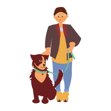Young man with his dog Happy pet owner Vector flat illustration on white backgroundのイラスト素材