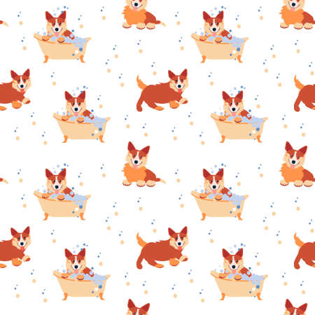 Seamless pattern corgi in different poses- sitting, in the bathroom. running Flat illustrationのイラスト素材