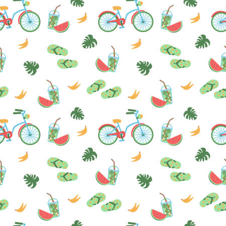 Seamless summer pattern with bicycle, mojito, banana and flip flops Vector illustration on white backgroundのイラスト素材