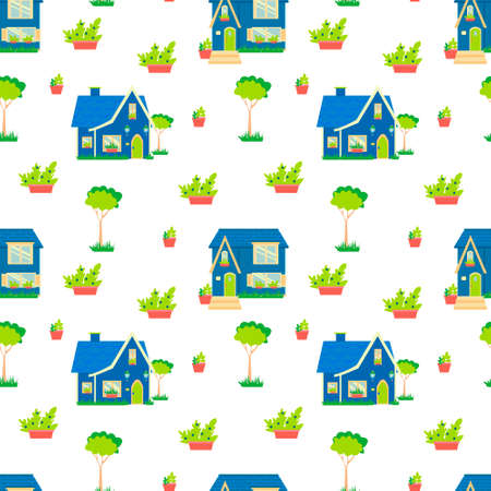 Seamless pattern on white background with blue houses and trees Flat vector illustrationのイラスト素材