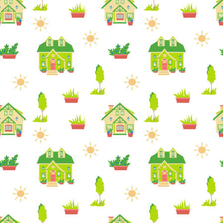 Seamless pattern on white background with green houses and trees Flat vector illustrationのイラスト素材