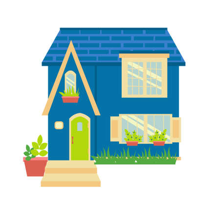 Blue Cottage Small country house flat icon vector illustration on white backgroundのイラスト素材