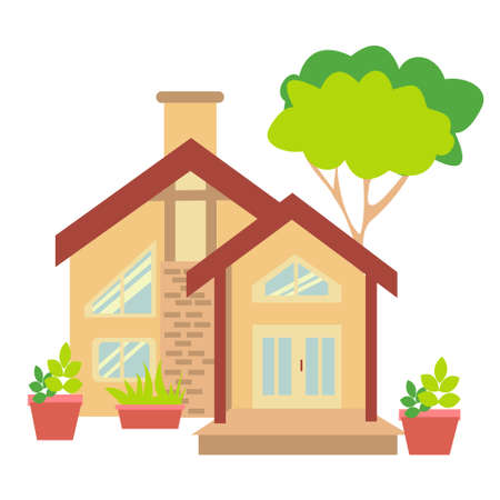 Orange Cottage and tree Small country house flat icon vector illustration on white backgroundのイラスト素材