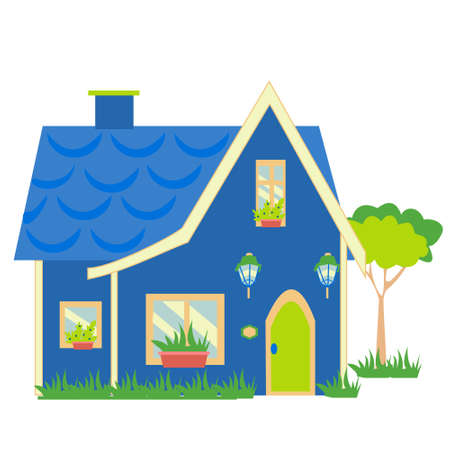 Blue Cottage and tree Small country house flat icon vector illustration on white backgroundのイラスト素材
