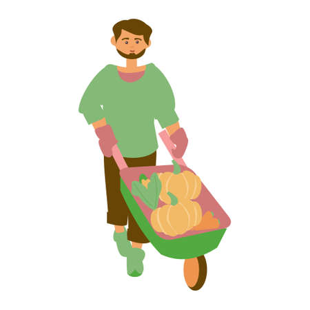 Farmer carries vegetables on a cart Flat icon vector illustrationのイラスト素材