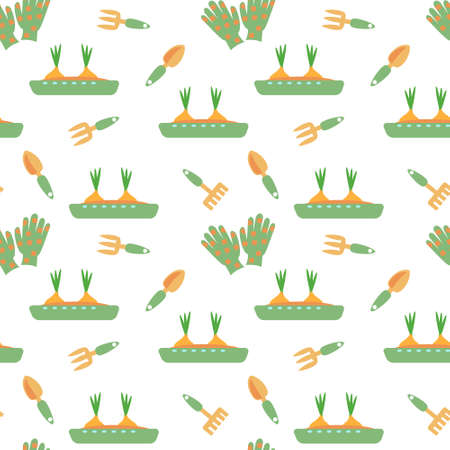 Seamlss pattern with onion, gloves, spade, rake. Flat vector illustration on white backgroundのイラスト素材