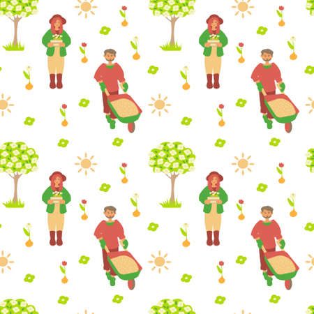 Seamless pattern with farmers, apple trees with flowers and tulipes Flat vector illustrationのイラスト素材