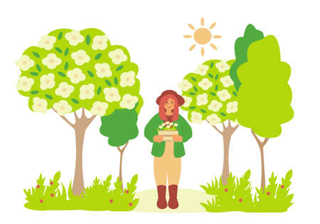 Girl farmer stand in the garden with box of tulipes Apple tree with flowers Vector concept flat illustrationのイラスト素材