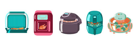 Set of air fryer of differen types with chiken, potato, corn and broccoli Cartoon isolated vector illustration on white backgroundのイラスト素材