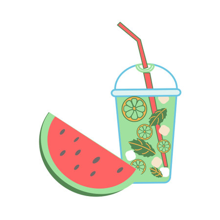 Watermelon and mojito in plastic glass flat vector isolated illustration on white backgroundのイラスト素材
