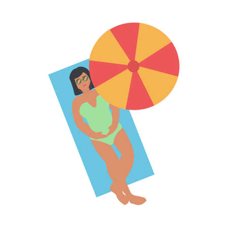 Young woman lying on beach and sunbathing flat vector isolated illustration on white backgroundのイラスト素材