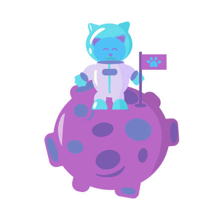 Cat astronaut sets flag on planet vector cartoon isolated illustration on white backgroundのイラスト素材