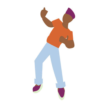 Young dark-skinned man dances Flat isolated illustration on white backgroundのイラスト素材
