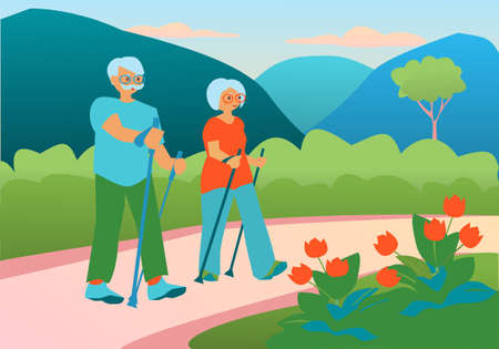 Elderly couple Hiking against the background of the mountain Nordic Walking pensioners Flat vector illustrationのイラスト素材