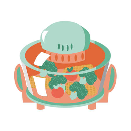 Orange air fryer with tomato and broccoli Cartoon isolated illustration on white backgroundのイラスト素材
